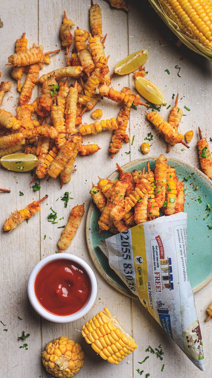 about-04 Delicious and crispy corn fries served with ketchup and lime wedges on a rustic table.